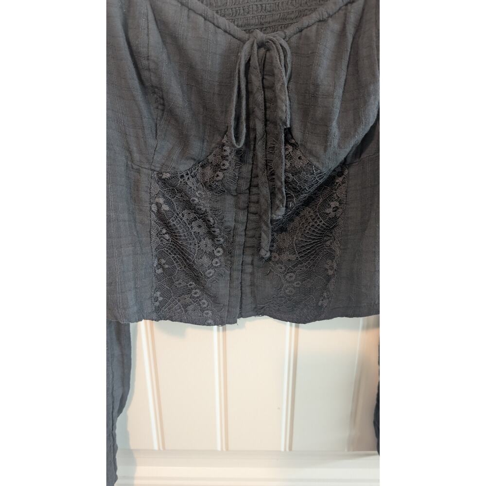 American Eagle Cropped Lace Blouse Women Large Black Boho Cottage Prairie Fairy - Picture 4 of 11